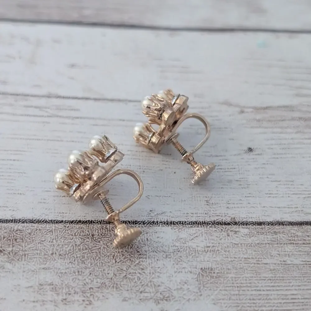 Vintage Screw On Earrings Pretty Faux Pearl & Clear Gems
